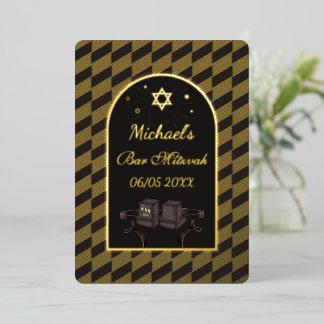Elegante schwarze goldene geometrische Bar-Mizwa-T Folieneinladung