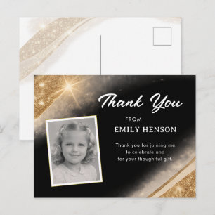 Elegante schwarze goldene Glitter-Foto-Geburtstags Postkarte
