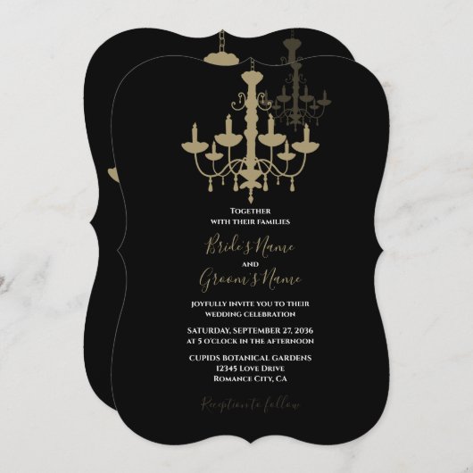 Elegante Schwarze goldene Kronleuchter Einladungen (Vorne/Hinten)