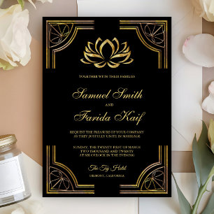 Elegante schwarze goldene Lotus-Blumen-Hochzeitsei Einladung