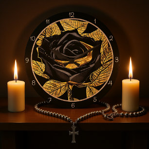 Elegante Schwarze Goldene Rose Große Wanduhr