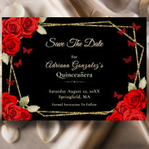 Elegante Schwarze Goldene Rote Rosen Quinceanera