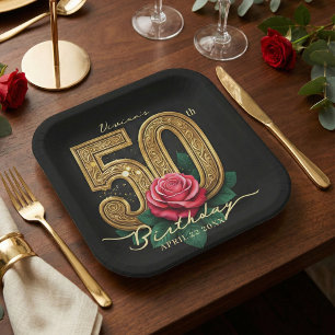 Elegante schwarze goldene rote Rosenblume zum 50.  Pappteller