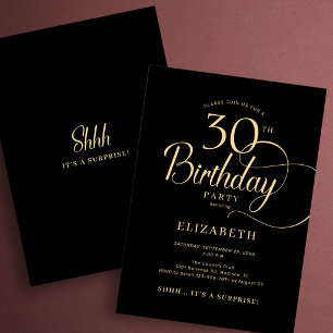 Elegante schwarze goldene Schrift Überraschung 30. Einladung