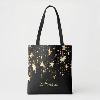 Elegante, schwarze, goldene Sterne, personalisiert Tasche