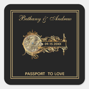 Elegante schwarze goldene Vintage-Reise-Hochzeit Quadratischer Aufkleber