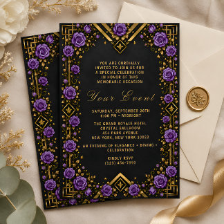 Elegante schwarze goldene violette Rose Einladung