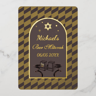 Elegante schwarze goldgeometrische Bar-Mizwa-Tefil Folieneinladung