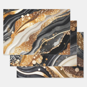 Elegante schwarze Goldmarmor-Glitter-Abstrakte Kun Geschenkpapier Set