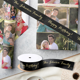 Elegante schwarze Goldnamens Happy Birthday-Gesche Satinband