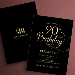 Elegante schwarze Goldschrift Überraschung 90. Geb Einladung