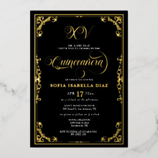 Elegante schwarze Grenze Quinceañera Gold oder Sil Folieneinladung