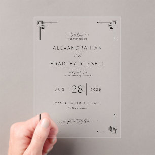 Elegante schwarze griechische Schlüssel-Hochzeitse Acryleinladungen