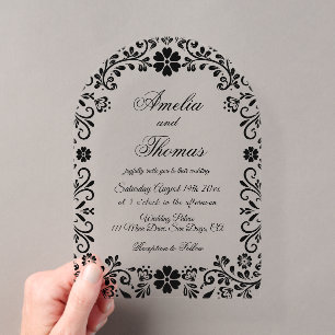 Elegante schwarze Hochzeit mit Blumen Acryleinladungen