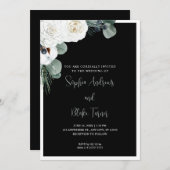 Elegante Schwarze Hochzeit mit Blumen und Grün Einladung (Vorne/Hinten)