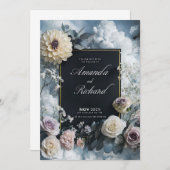 Elegante Schwarze Hochzeit mit Blumenborde Einladung (Vorne/Hinten)