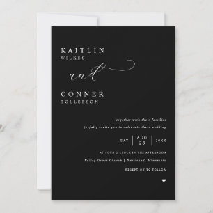Elegante schwarze Hochzeit mit weißem Text Einladung