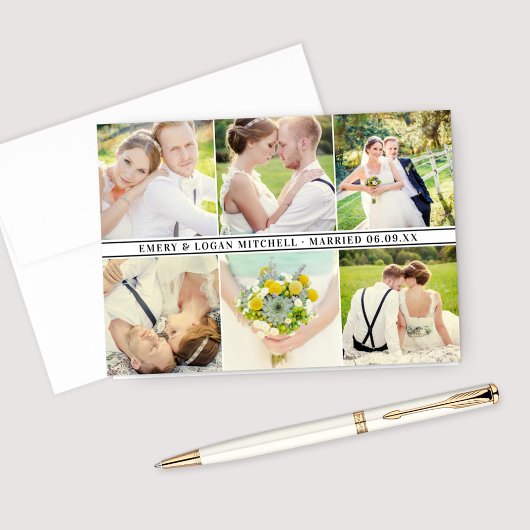 Elegante Schwarze Hochzeit Monogramm Foto Collage Dankeskarte