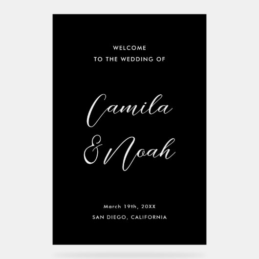 Elegante Schwarze Hochzeit Willkommen Acrylschild (Vorderseite)