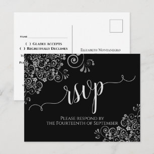 Elegante schwarze Hochzeits-RSVP mit Spitzensilber Postkarte