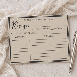 Elegante schwarze Hochzeitsdusche-Rezeptkarte im k