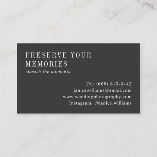 Elegante Schwarze Hochzeitsfotografie modern minim Visitenkarte (Rückseite)