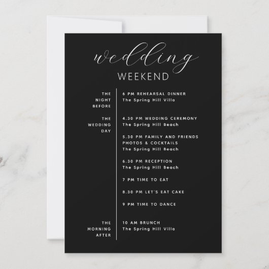 Elegante schwarze Hochzeitswochenend-Terminplan & Einladung (Rückseite)