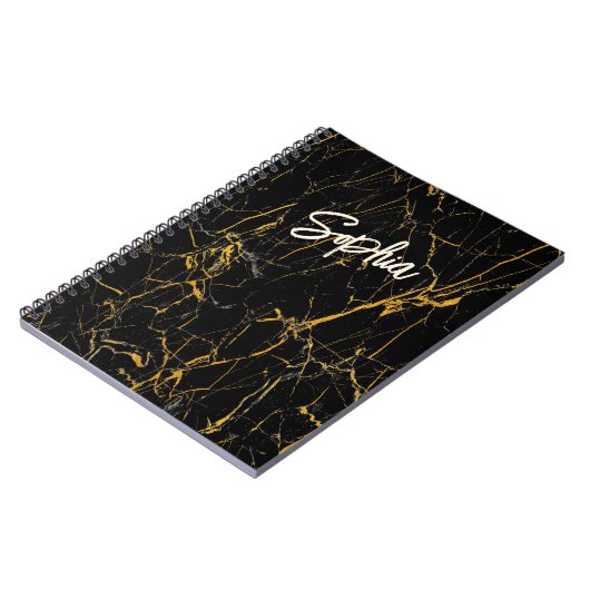 Elegante schwarze Imitate Goldmarmor-Glitzer Notizblock (Linke Seite)