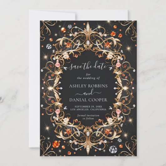 Elegante Schwarze Juwelen Save the Date dekoriert Einladung (Vorderseite)