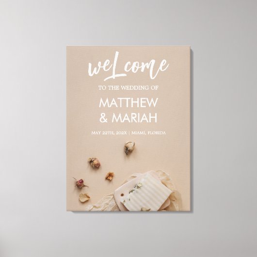 Elegante Schwarze Kalligrafie Blumenzettel Willkom Leinwanddruck (Vorderseite)