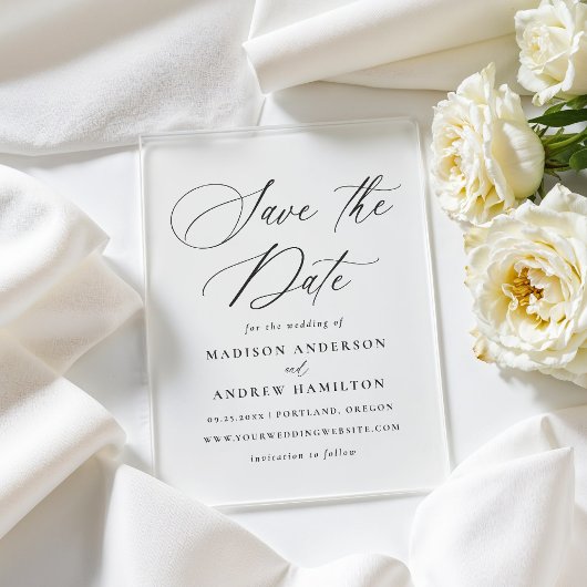 Elegante Schwarze Kalligrafie Hochzeit retten die Acryleinladungen