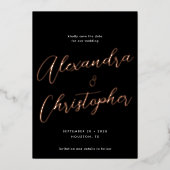 Elegante Schwarze Kalligrafie Hochzeit speichern S Folieneinladung (Vorderseite)
