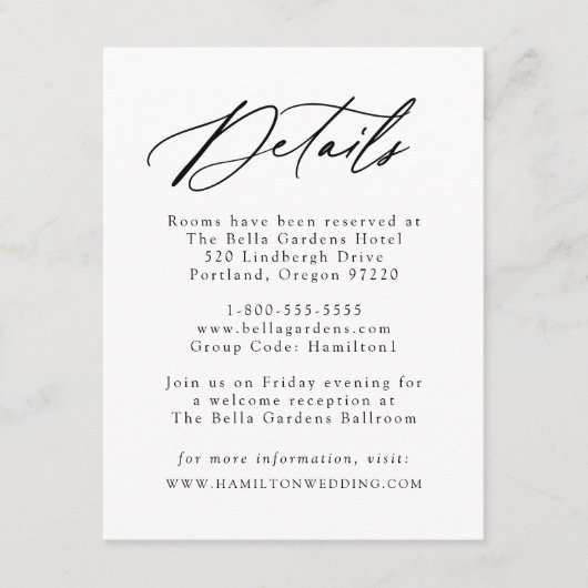 Elegante Schwarze Kalligrafie-Hochzeitdetails Begleitkarte (Vorderseite)