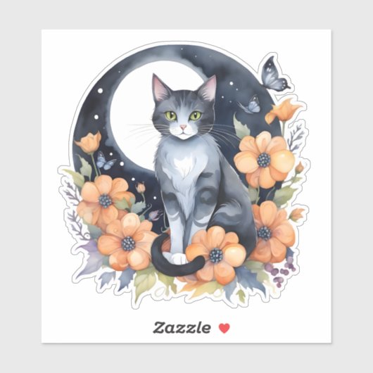 Elegante Schwarze Katze Blumenmoon Kunst, Dichtung Aufkleber (Blatt)