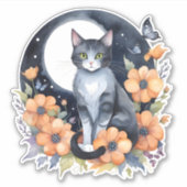 Elegante Schwarze Katze Blumenmoon Kunst, Dichtung Aufkleber (Vorderseite)