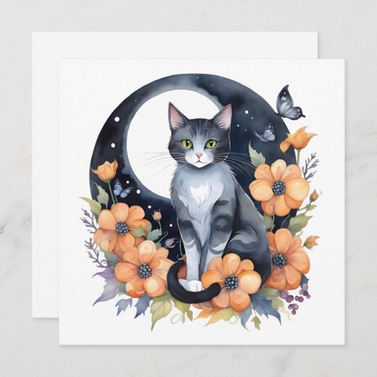 Elegante Schwarze Katze Blumenmoon Kunst, Dichtung Einladung (Vorne/Hinten)