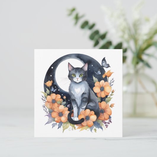 Elegante Schwarze Katze Blumenmoon Kunst, Dichtung Einladung (Stehend Vorderseite)