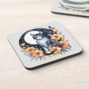 Elegante Schwarze Katze Blumenmoon Kunst, Dichtung Getränkeuntersetzer