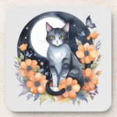 Elegante Schwarze Katze Blumenmoon Kunst, Dichtung Getränkeuntersetzer (Vorderseite)