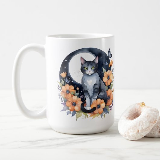 Elegante Schwarze Katze Blumenmoon Kunst, Dichtung Kaffeetasse (Mit Donut)