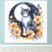 Elegante Schwarze Katze Blumenmoon Kunst, Dichtung Leinwanddruck (Insitu (Holzboden))