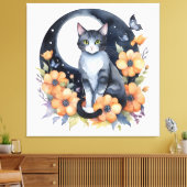 Elegante Schwarze Katze Blumenmoon Kunst, Dichtung Leinwanddruck (Insitu (Wohnzimmer))