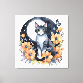 Elegante Schwarze Katze Blumenmoon Kunst, Dichtung Leinwanddruck