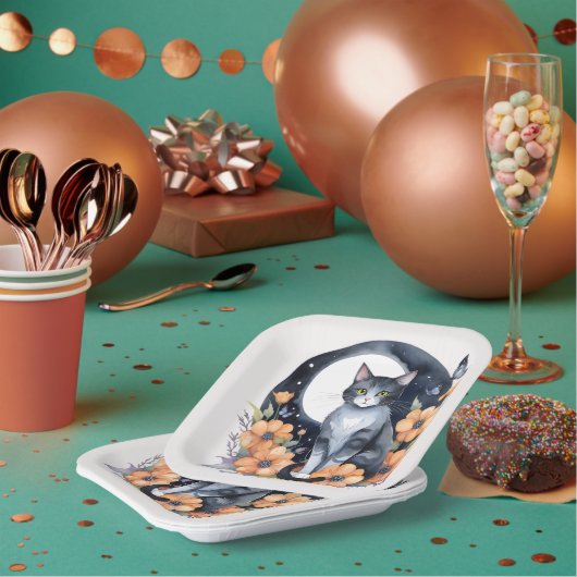 Elegante Schwarze Katze Blumenmoon Kunst, Dichtung Pappteller (Multi)