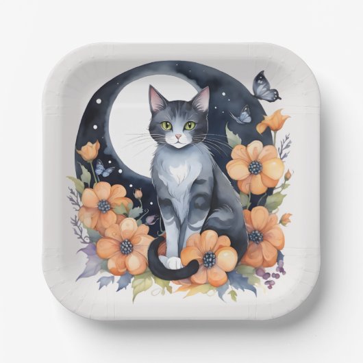 Elegante Schwarze Katze Blumenmoon Kunst, Dichtung Pappteller (Vorderseite)