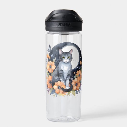 Elegante Schwarze Katze Blumenmoon Kunst, Dichtung Trinkflasche (Rückseite)