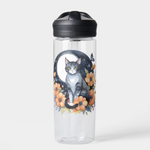 Elegante Schwarze Katze Blumenmoon Kunst, Dichtung Trinkflasche