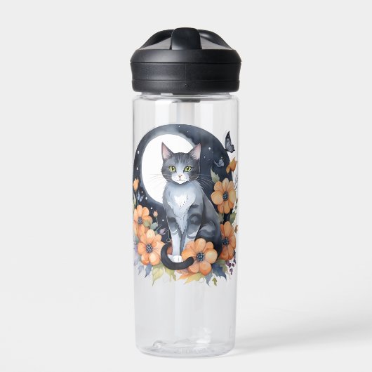 Elegante Schwarze Katze Blumenmoon Kunst, Dichtung Trinkflasche (Vorderseite)