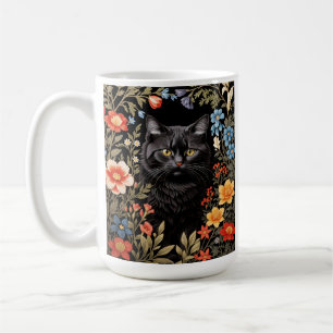 Elegante schwarze Katze Bunte Blumen Kaffeetasse