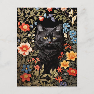 Elegante schwarze Katze bunte Blumen Postkarte